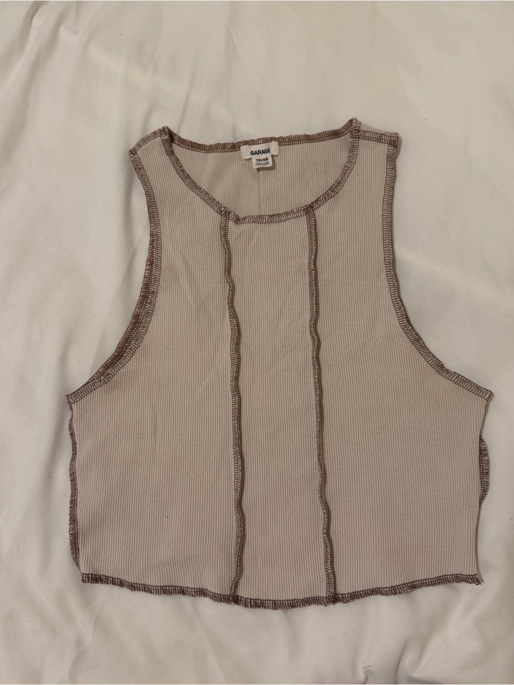 Garage Neutral Ribbed Crop Tank with Brown Contrast Stitching